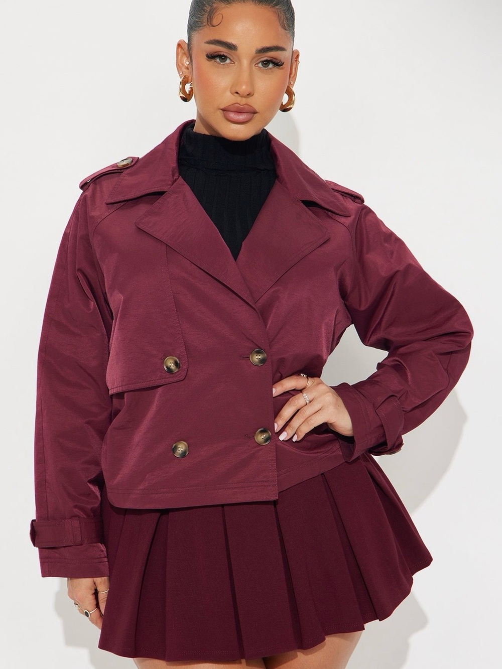 Womens Double-Breasted Maroon Trench Jacket
